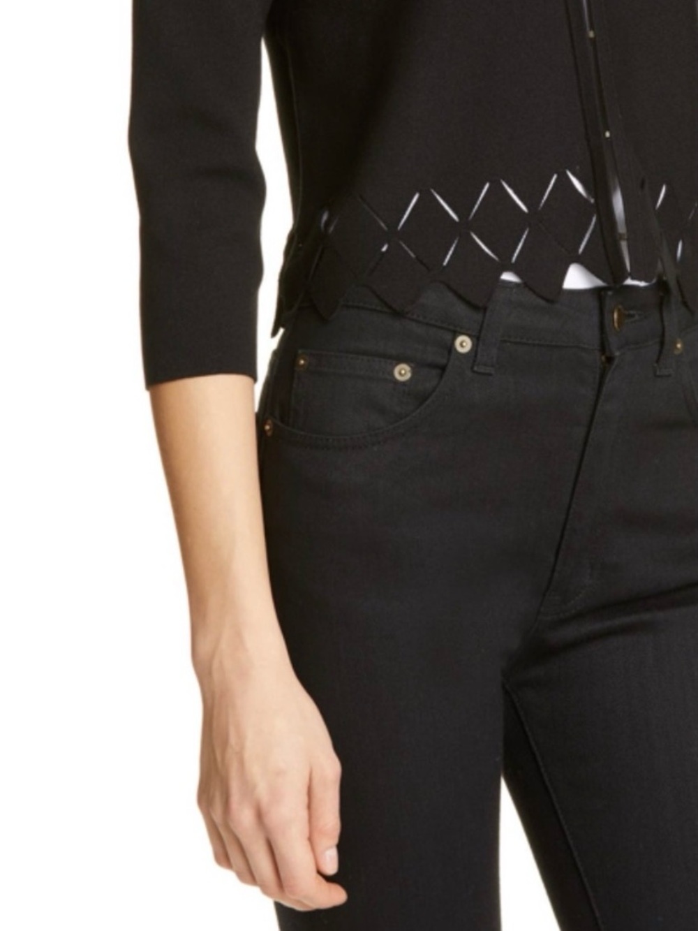 Ted Baker Kyylie Black Geometric Laser-cut Hem Knit Modern Cardigan SZ 3 (US 8) - Picture 2 of 10